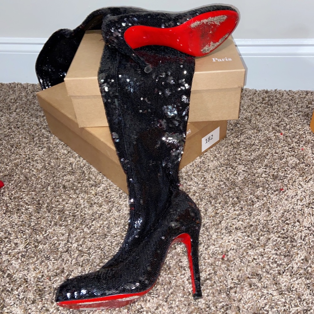 Gorgeous Black Sequins Knee length Christian Louboutins boots!